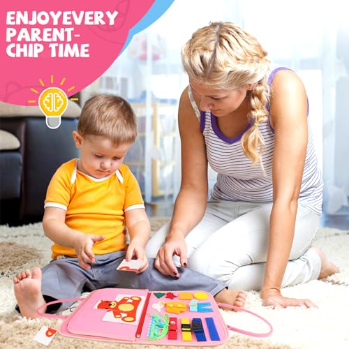 Image of Toddler Busy Board, Montessori Sensory Toys for Boys, 1-4 Year Old Girl Toddler Travel Toys, Educational Learning Activities Board for Motor Skills, Birthday Gifts for Airplane Car, Pink