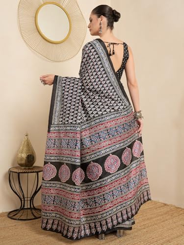 Image of AKHILAM Women's Soft Dola Silk Ajrak Printed Ready To Wear one Minute Saree With Unstitched Blouse Piece