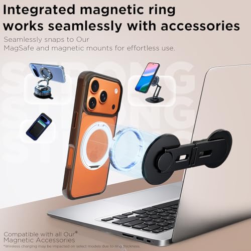 Image of RIGGEAR Shockproof Clear Hybrid Armor 360 Rotating Magnetic Ring Stand Back Cover Case Compatible with MagSafe Accessories for iPhone 17 Pro (Clear-Black TPU Bumper + Transparent PC)(Silver)