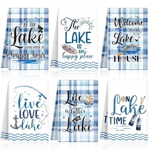 Image of VitalCozy 6 Pcs Lavender Summer Kitchen Towel Set Funny Housewife Farmhouse Rustic Bath Hand Towel for Holiday Bathroom Gift, 24 x 16 Inches (Blue and White,Lake House)