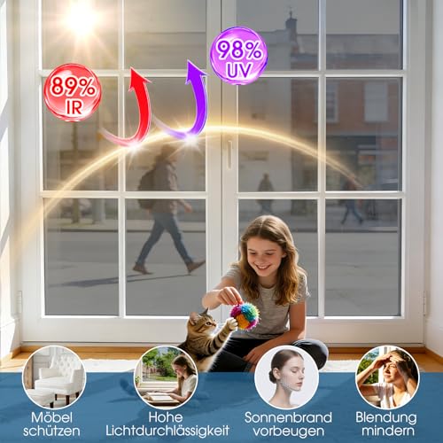 Lifetree Fensterfolie Spiegelfolie Wärmereflektion Selbstklebend Sonnenschutzfolie Wärmegrad Innen&Auße Kontrolle Fensteraufkleber Privatsphäre Anti-UV Fenstertönung Glatt 75x200cm Schwarzes-Silber