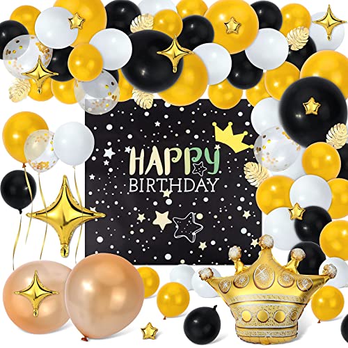 LazLake Geburtstagsdekorationen,Schwarz und Gold Happy Birthday Party Dekorationsset mit Hintergrundbanner,Krone Stern Konfetti Luftballons, Geburtstagsdeko Set für Jungen Mädchen Baby Männer Frauen Cover