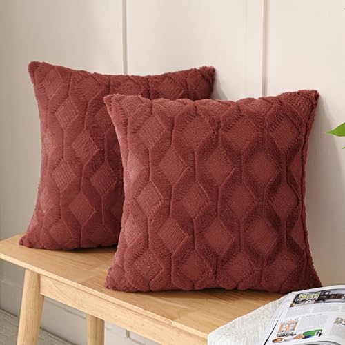 Volcanics Pack of 2 Faux Wool Throw Pillow Covers 18x18 Inches Decorative Farmhouse Velvet Couch Pillow Case Soft Plush Square Boho Cushion Pillowcase, Rust Red