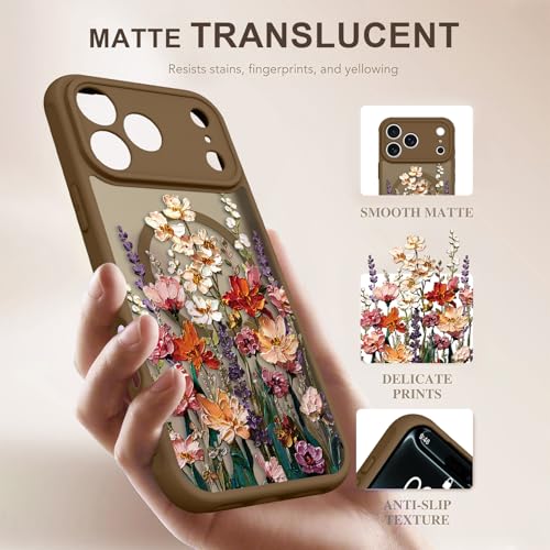 Image of Magnetic for iPhone 17 Pro Case for Women Girls, Brown Floral | Cute Oil Painting Flower Pattern Design [Compatible with MagSafe] [Full Camera Protection] Slim Bumper Matte Protective Cover
