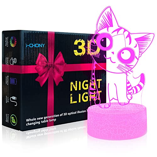 I-Chony Cat Gift Cat 3D Illusion Lamp For Kids 16 Colors Changing Cute Cat Led Light Dimmable Night Light With Remote & Smart Touch - Cat Love Gifts For Women Teens Boys Girls #TOP3