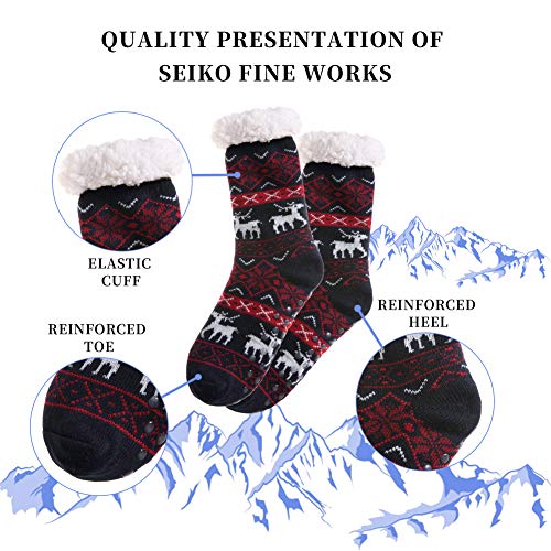 Sdbing Women's Winter Super Soft Warm Cozy Fuzzy Snowflake Deer Fleece-Lined With Grippers Slipper Socks (Black And Red) #TOP5