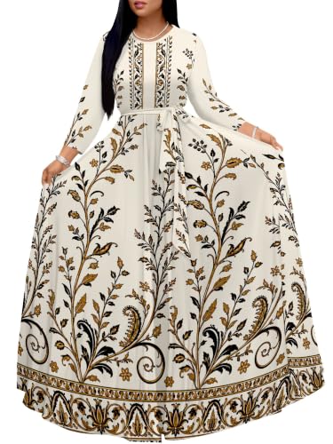 Image of Women Plus Size Long Sleeve V Neck Maxi Dress with Belt | Soft fabric relaxed fit three quarter sleeve v neck with pockets for party and daily wear
