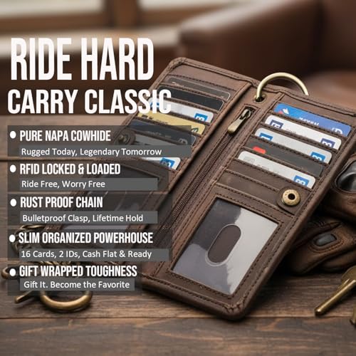Image of CLASSIC Motorcycle Chain Wallet for Men - Premium Cowhide Leather, RFID Bi-Fold Biker Wallet for Bikers Truckers & Hunters, Credit Card Money Organizer Long Wallet Crazy Horse Brown Vintage Chain