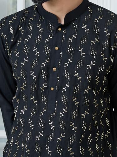 Image of See Designs Men's Full Sleeve Mandarin Collar Ethnic Motifs Embroidered Sequinned Mandarin Collar Straight Long Kurta with Pyjama - Festive Collection