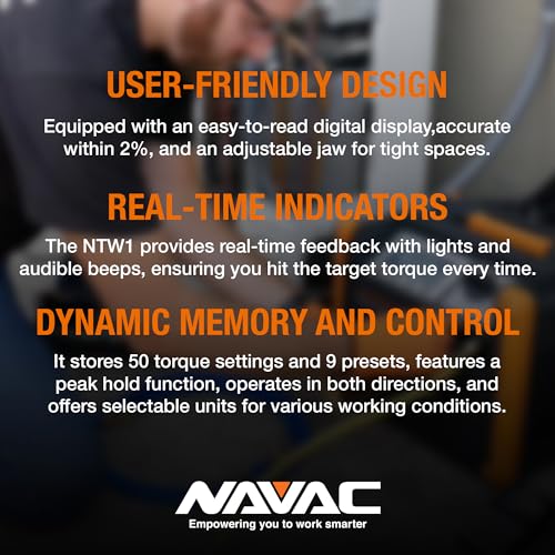 NAVAC NTW1 Digital Torque Wrench - Adjustable Jaw - Digital Readout - Torque Settings Memory - Dual Direction - Selectable Measuring Units - Indicator Lights and Sound - 1 Year Warranty