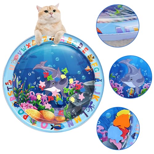BSITSSS Wassermatte Katze, Wasserspielmatte Katze Verdickte, Wassermatte für Katzen Rund Feel Cool Komfort, Water Sensor Play Mat Cat Aufblasbare, Aquarium Themen Katzen Wassermatte für Haustier