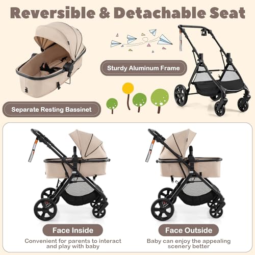 BABY JOY High Landscape Baby Stroller, 3 in 1 Convertible Baby Pram Jogger with Adjustable Canopy & Backrest, Anti-Shock Toddler Folding Pushchair with Storage Basket & Aluminium Frame, Portable Baby Prams and Strollers for 6-36 Months (Beige) - Image 4