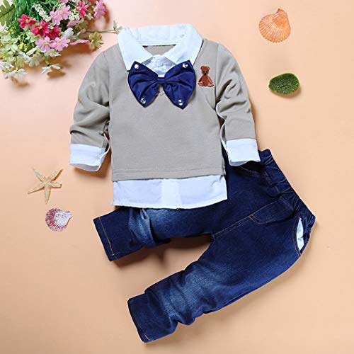 Image of MYGBCPJS 3Pcs Boy Handsome Outfit Set Plaid Shirt + T-Shirt + Suspender Jean Sets
