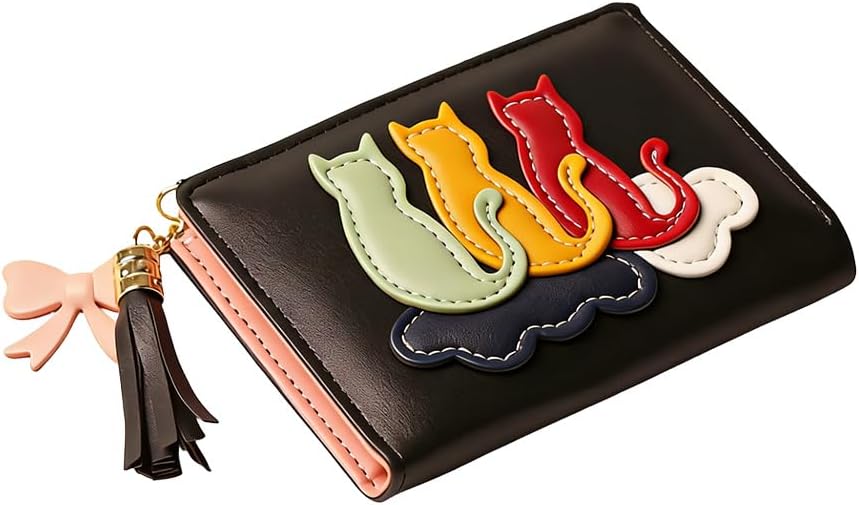 Acxico 1PC White Mini Wallet with Colorful Cat Pattern – Multi-Card Slots, Keychain, Zipper Closure, Tassels & Bows for Daily Travel