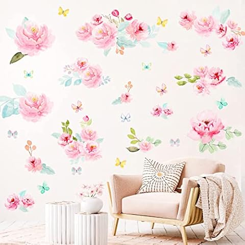 Pink Flowers Wall Stickers Watercolor Pink Small Peony Wall Decals Peel and Stick Garden Floral Wall Stickers for Girls Bedroom Kids Room Living Room Baby Nursery Wall Art Decor Cover