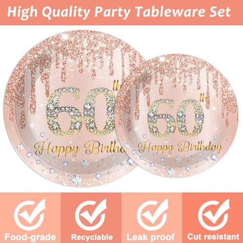 Image of ZOIIWA 96 Pieces 60th Birthday Party Tableware Set for Pink Rose Gold 60th Paper Table Decorations Supplies Pink Rose Gold Happy 60 Birthday Dessert Plates Napkins Forks for 24 Guests Women Supplies