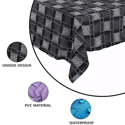 Image of PVC 4-6 Seater Square Center Dining Table Cover | Waterproof, Self Design (54 inch x 54 inch, Black, Grey)