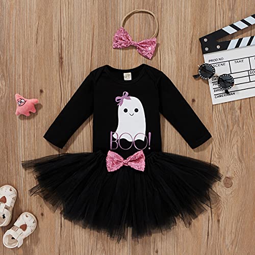 0-12M Newborn Baby Girls Halloween Outfit Long Sleeve Ghost Pumpkin RomperTutu Skirt Headband 3pcs Set2