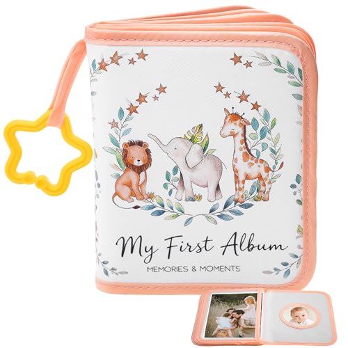Image of My First Photo Album for Baby, Baby Photo Albums with Star Hook & Baby Mirror | Holds 17 Pictures, Safari Animals Baby Photo Book for Newborn Toddler & Kids, Baby Shower Gifts