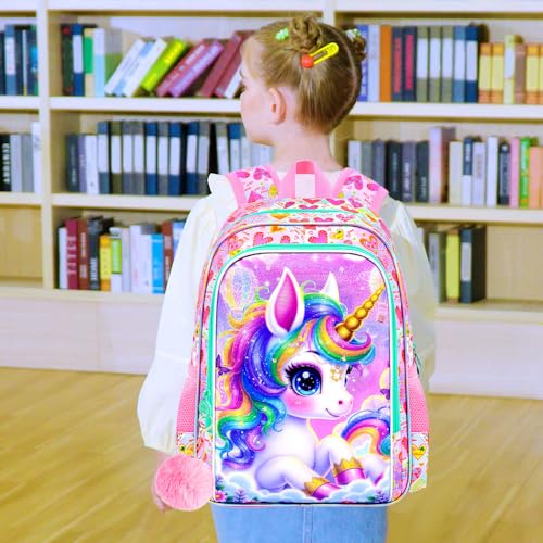 Image of AGSDON 3PCS Unicorn Backpack for Girls, 16 inch Kids Backpacks for Girl Water Resistant Preschool, Elementary Bookbag with Lunch Box