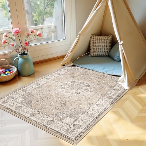 Living Room 4x6 Area Rugs: Vintage Farmhouse Washable Non-Slip Rug for Bedroom Dining Room Ultra Soft Indoor Carpet for Nursery Kitchen Durable Low-Pile Neutral Floor Mat for Pet Owners(4x6 Beige)