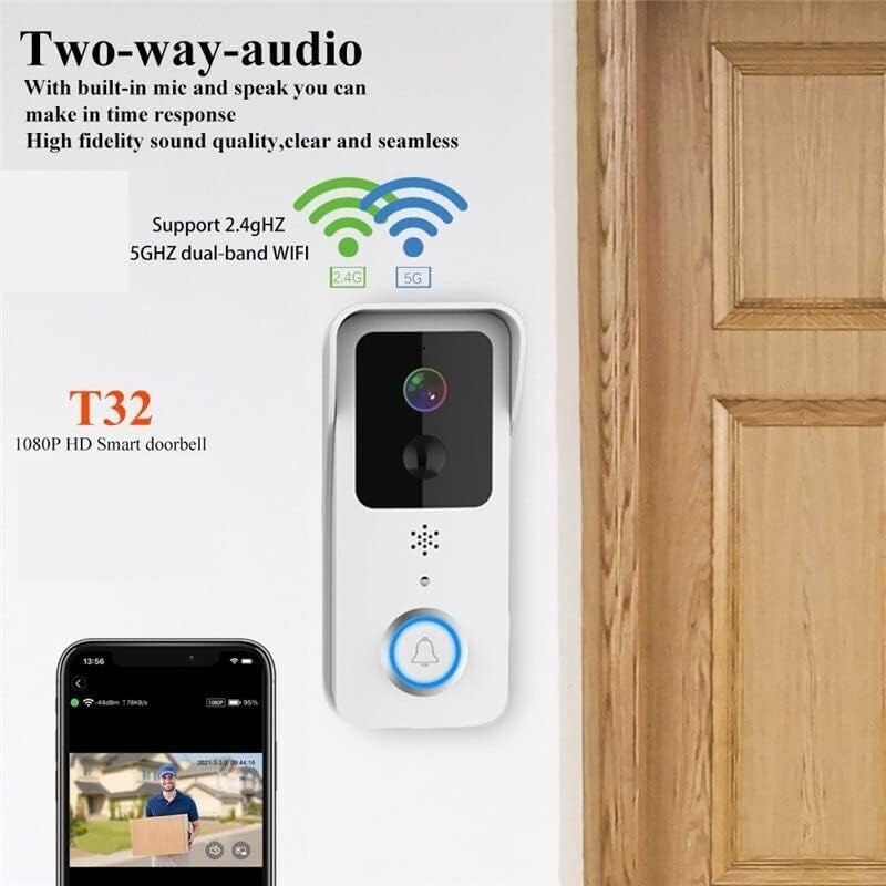 Timbre con vídeo, cámara de Seguridad, Timbre con vídeo 5G, WiFi Dual, Timbre for Puerta Exterior, intercomunicador con batería Impermeable, hogar Inteligente (Color : Bianco)