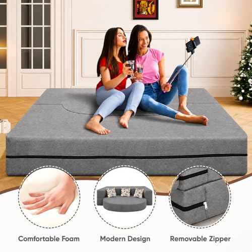 Image of DIVISHA HOMES Round Three Seater C-Type Sofa Cum Bed Stylish Jute Fabric Convertible Sofa for Living Room | Space-Saving & Comfortable for Living Room & Office - Grey
