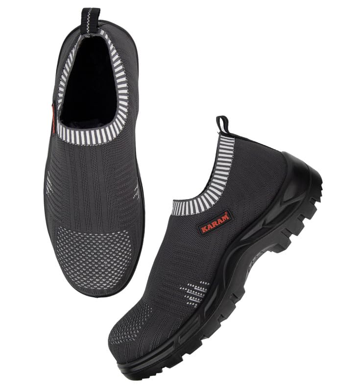 KARAM ISI Marked Flyknit Safety Shoe Slip On | Excellent Grip, Comfort and Slip Resistance | Safety Shoes with Fibre Toe |Grey| FS201FN (FWSAMN) 08