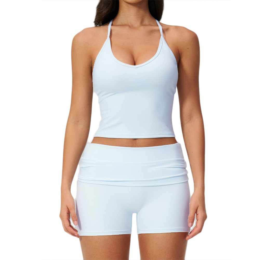 XYFfybhsd Women's Breathable Lightweight Yoga Sports Wear Tank Top Two Piece Gym Jogging Biker Shorts Set (Size:L,Color:Blue)