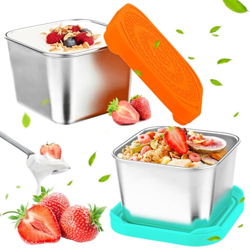 AKONE Juego de 2 recipientes pequeños para aperitivos de 180 ml, de acero inoxidable, recipientes para congelar papillas para bebés, a prueba de fugas, minilatas con tapa, multifuncionales, aliños