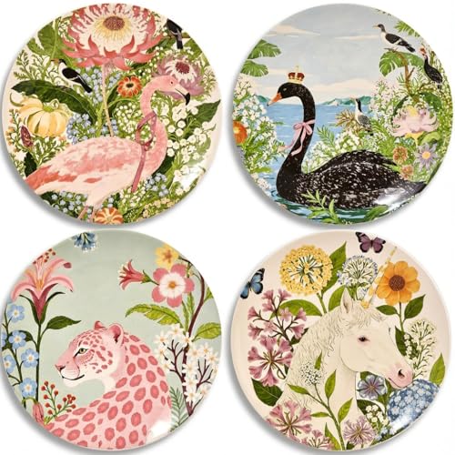 4 Piece Ceramic Plates Set 8.5 Inch Dessert Salad and Appetizer Plates Illustrated Style Suitable for Pasta Side Dishes Dishwasher & Microwave Safe Gift for Housewarming and Thanksgiving