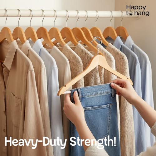 Image of Happy To Hang Timber Wooden Hangers | Premium Wooden Hanger Set with Non-Slip Bar & 360 Swivel Chrome Hook | Heavy-Duty Cloth Hangers for Shirts, Suits, Sarees & Wardrobe Storage | Pack of 16