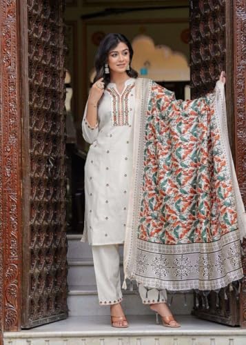 Image of Women's Cotton Embroidered Straight Kurti With Pant and Dupatta Set