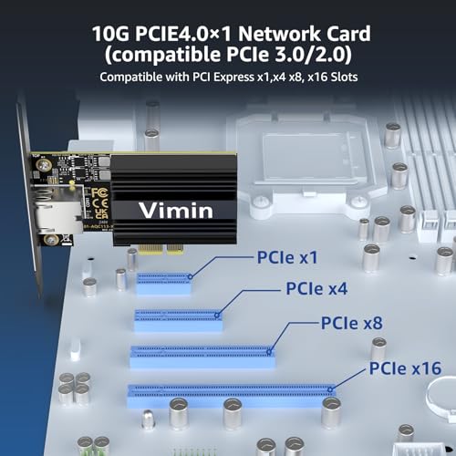 Image of 10G PCIE4.0x1 Network Card, Marvel AQC113 Controller, VIMIN 10Gb Base-T Ethernet Adapter Card Compatible with PCI Express X1,X4,X8,X16, 10G NIC RJ45 Port Support Windows /Windows Server /Linux /VMware