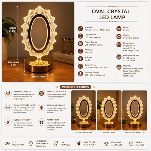 Image of Premium Crystal Oval LED Table Lamp - Vintage Baroque Night Light with Luxury Golden Metal Base, Aesthetic Warm White Ambient Lighting for Bedroom Bedside, Living Room Decor