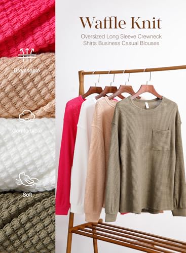 Dokotoo Womens Waffle Knit Tops 2025 Oversized Long Sleeve Crewneck Shirts Business Casual Blouses Basic Shirts4