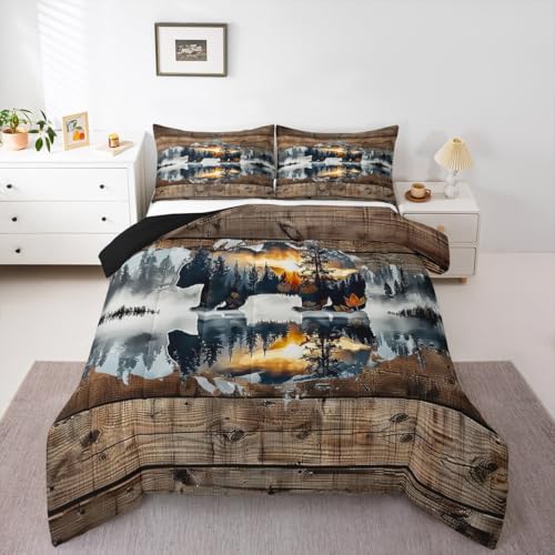 Feelyou Boys Girls Bear Comforter Set Toddler Size, Rustic Cabin Bedding Set Kids Black Bears and Forest Duvet Insert Countryside Teens Bedroom Decor Microfiber Bed Set
