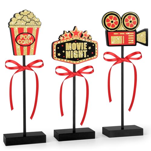 3 Pcs Movie Night Table Decorations Popcorn Projector Wooden Signs
