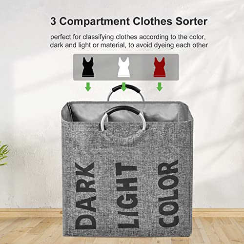 Otraki 3 Sections Laundry Hamper With Handle 106L 3 Compartment Divided Basket For Laundry Heavy Duty Collapsible Dirty Clothes Sorted Bag For School Dorm Bedroom Bathroom Closet Apartment Grey #TOP1