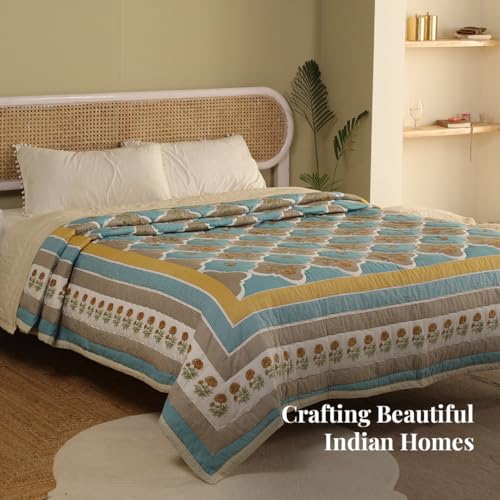 Image of Peepul Tree 100% Cotton Malmal AC Comforter 60 x 90 Inches, Best for Summers Lightweight, Soft, Breathable & Reversible AC Blanket for Single Bed, Teal & Taupe