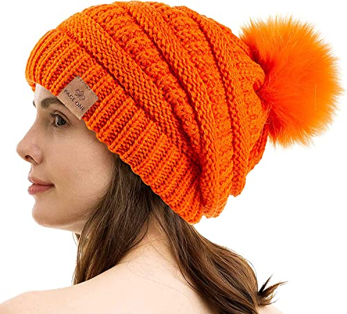 Page One Womens Fleece Lined Slouchy Beanie Chunky Baggy Hat Fur Pompom Winter Soft Warm Cap Orange cover