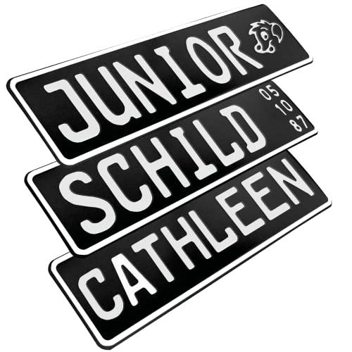 1 Stück Kennzeichen Junior-Schild 34cm x 9cm Bohrung Farbwahl Wunschtext Wunschprägung Muster Datum Namenskennzeichen Bohrung / Saugnäpfen Namensschild Bobbycar Kettcar FUN Schild in Schwarz matt