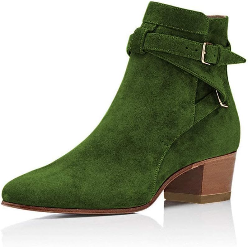 YDN Women Block Low Heel Suede Cowgirl Boots Pull on Ankle Bootie with Buckle