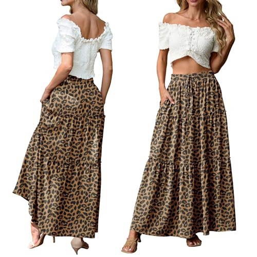 Image of Lepunuo Womens Casual Boho High Waisted Flowy Maxi Skirts Tiered Floral Long Skirts with Pockets for Summer Beach Vacation