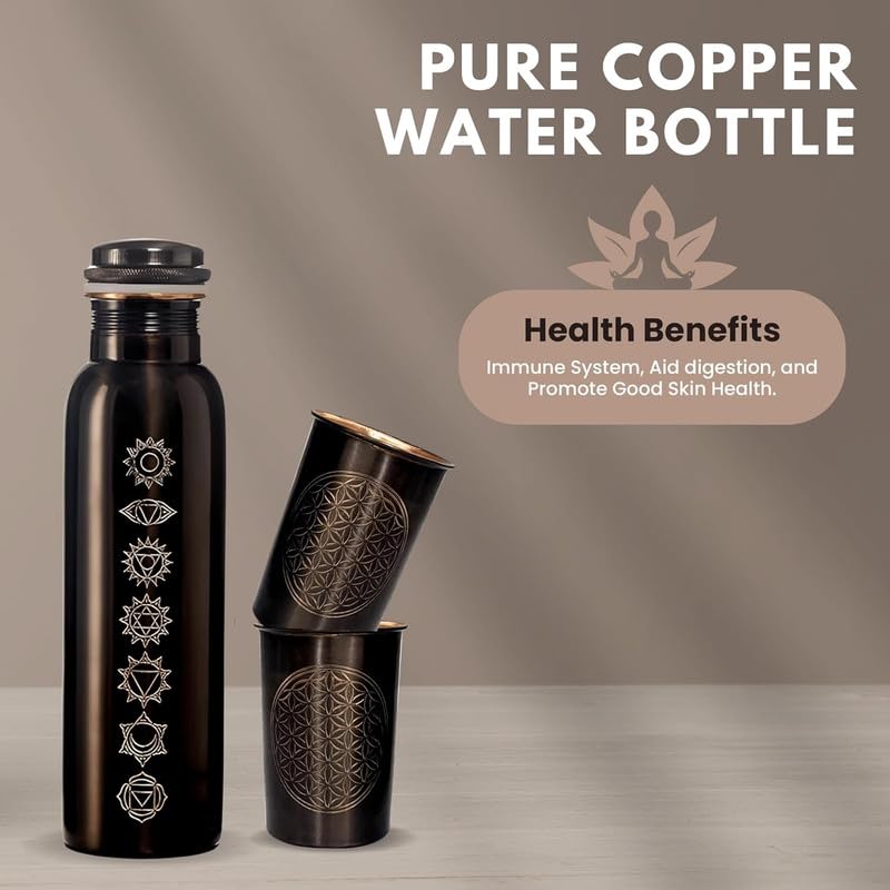 Image of Luxury Copper Finish Bottle Gift Set - Premium Engraved 1L Leak-Proof Bottle with 2 Matching 300 ml Water Glass Tumblers for Home, Office & Gifting