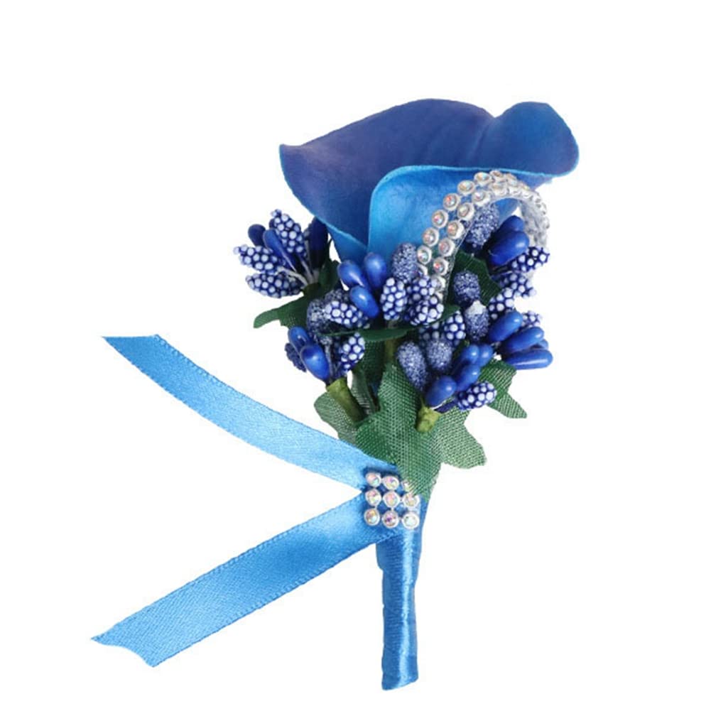SHTGOI Calla Lily Boutonniere Ramo de flores artificiales, broche hecho a mano, con imperdible, flores de corpiño de flores, accesorios de boda para novios, pequeño azul