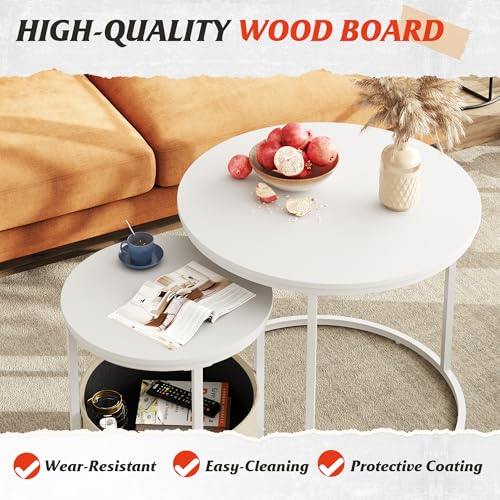 Image of WLIVE Round Coffee Table Set of 2, 60X60X51cm Nesting Tables with Ample Storage, Wooden Wide Side Table with Sturdy Metal Frame for Living Room or Office, White