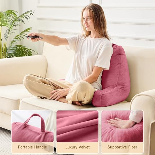 Image of Sasttie Reading Pillow for Bed, Back Pillow for Sitting Up, Rose Pink | 18 inch Backrest Support Cushion for Couch, Sofa, and Floor, Dorm Essentials, OEKO-TEX, Adjustable Down Alternative Fill