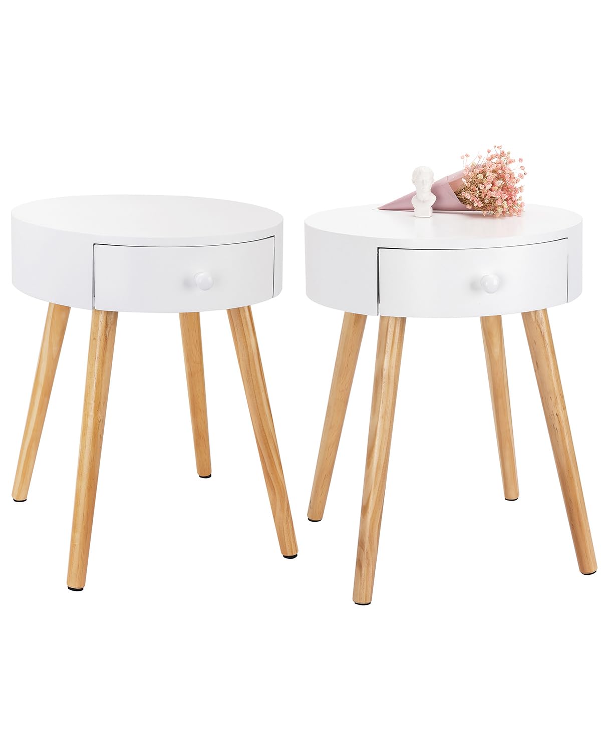 WOLTU Nachttisch 2er Set Nachtkommode Nachtschrank Beistelltisch Sofatisch, mit Schublade, mit Beinen, Holz, MDF, Weiß, 38x38x48cm(BxTxH), TS51ws-2