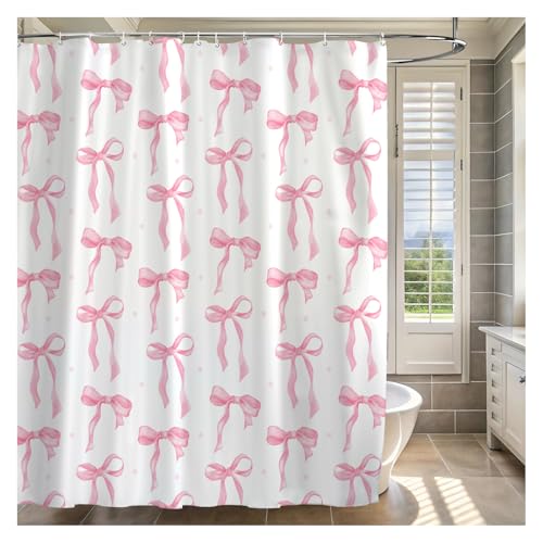 Cute Shower Curtain Bow Pattern Waterproof Fabric Shower Curtain for Bathroom Decor Aesthetic Modern Shower Curtains Sets with Hooks for Women Girls 72x72 Inches (Pink)